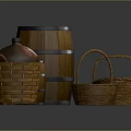 Wooden Barrels And Wicker Baskets As Practical Household Storage Items 3d model