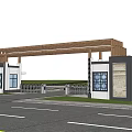 Modern Entrance Gate With Wooden Canopy White Walls Decorative Windows White Fence Blue Sky Grassland