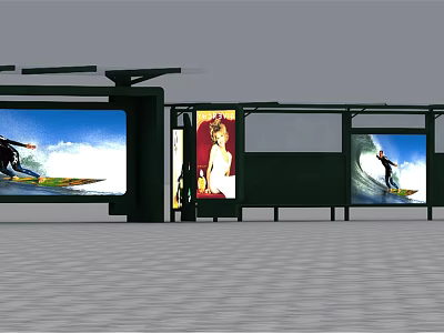 Modern Bus Station Shelter With Large Advertising Billboards And Surfing 3d model