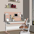 Modern Pink And White Desk With Orange Chair Notebook Pen Holder Tablet And Wooden Shelves