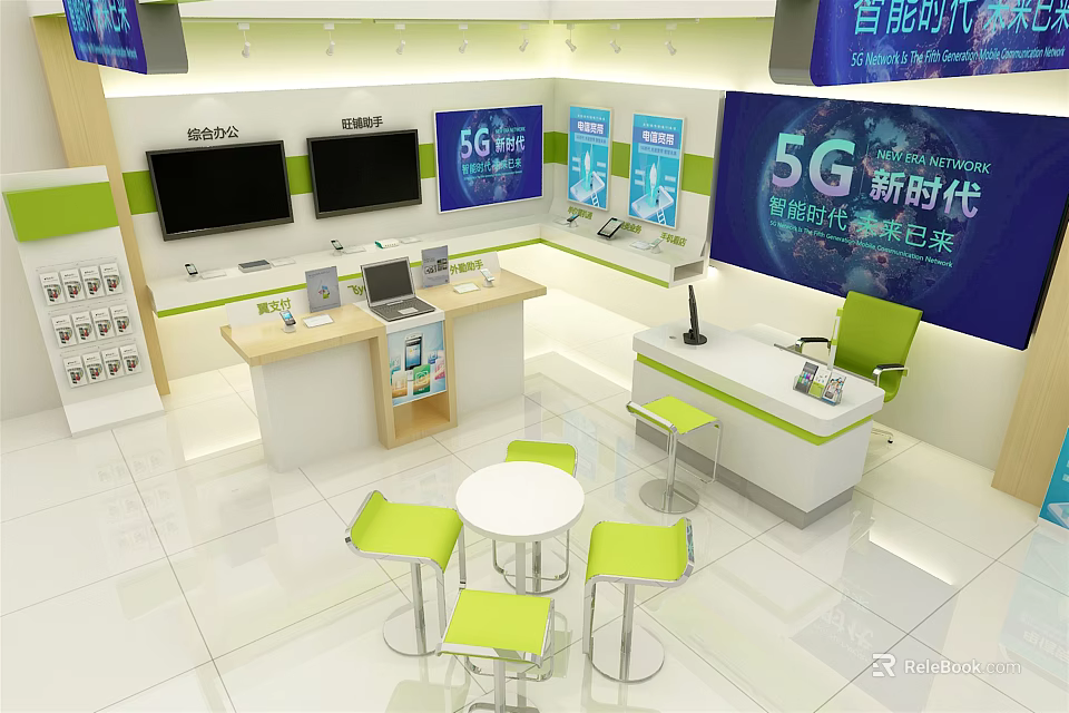 Modern Digital Store Interior Featuring 5G Products Displays Laptops TVs And Green Chairs 3d model 