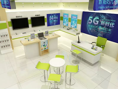 Modern Digital Store Interior Featuring 5G Products Displays Laptops TVs And Green Chairs 3d model