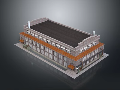Cartoon Scene Of Two Story Building With Dark Roof And Storefront Windows 3d model