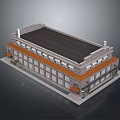 Cartoon Scene Of Two Story Building With Dark Roof And Storefront Windows
