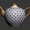 Elegant White Ceramic Teapot With Blue Leaf Pattern Golden Handle And Ornate Lid