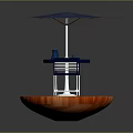 Outdoor Patio Setup With Round Table Blue Umbrella Chairs And Wooden Platform