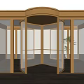 Elegant Golden Frame Revolving Door With Glass Panels And Wooden Floor