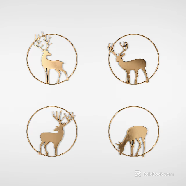 Golden Circular Wall Decor with Four Different Deer Silhouette Modern Design 3d model 