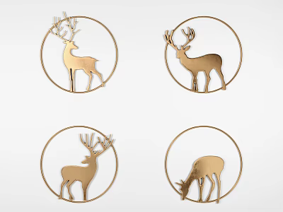 Golden Circular Wall Decor with Four Different Deer Silhouette Modern Design 3d model