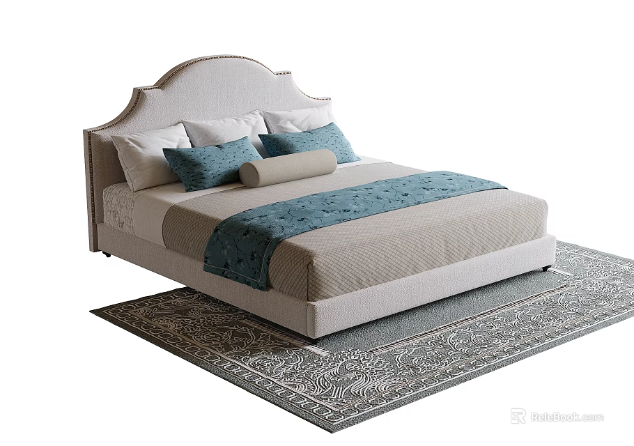 Light Colored Single Bed With Soft Headboard Pillows And Blue Bed Runner On Patterned Rug 3d model