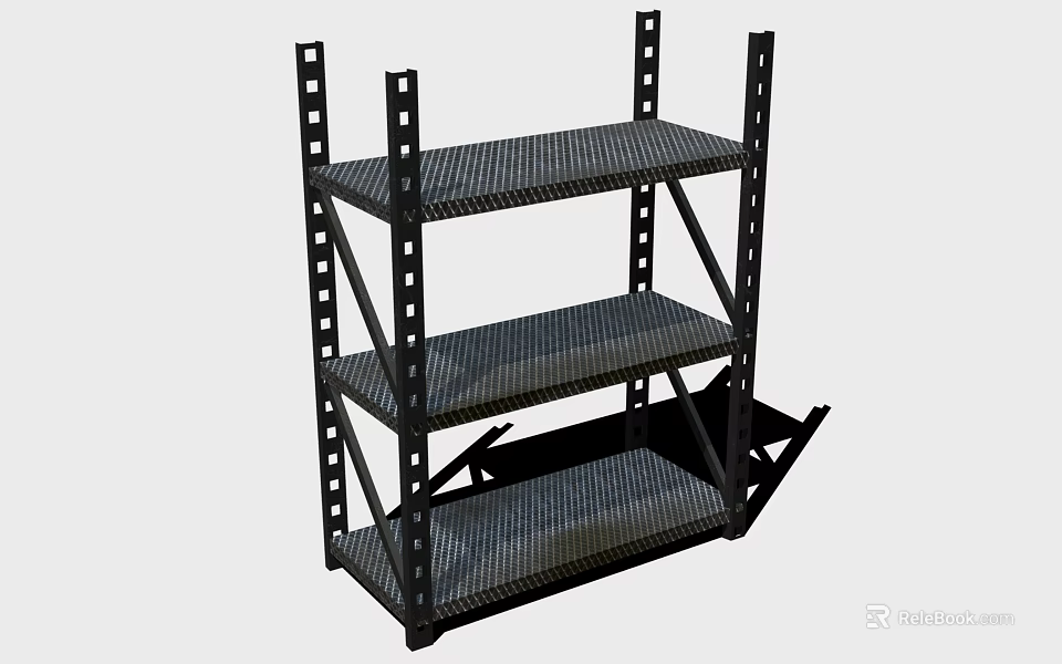Three Tier Black Metal Storage Shelf With Reinforced Frame And Sturdy Design 3d model 