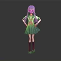 Anime Fictional Character With Purple Hair Red Eyes Blue Sailor Uniform And Pink Bow