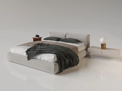 Modern Gray Double Bed With White Sheets Dark Blanket And Nightstand Lamp 3d model