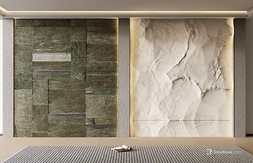 Modern Interior Background Wall With Dark Stone Panels And Light Textured Surface 3d model 