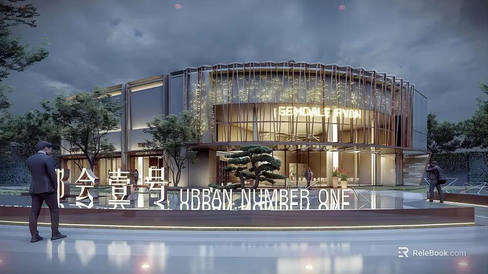 Modern Sales Office Building With Glass Curtain Wall Lighting Water Feature And Trees 3d model 