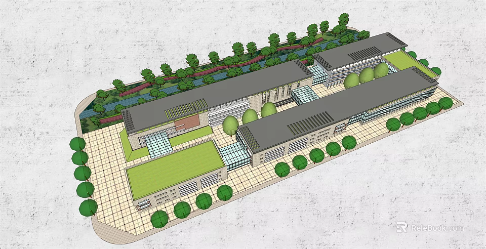 Modern Office Building Complex With Landscaped Courtyard And Greenery 3d model 