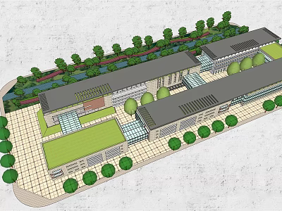 Modern Office Building Complex With Landscaped Courtyard And Greenery 3d model