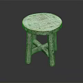 Rustic Wooden Stool With Round Distressed Seat And Crossed Legs Design