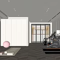 Modern Entertainment Room Interior With Treadmill Fitness Ball Yoga Mat White Cabinets And Glass Doors