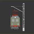 Electric Train Model on Railway Track with Metal Poles and Overhead Wires