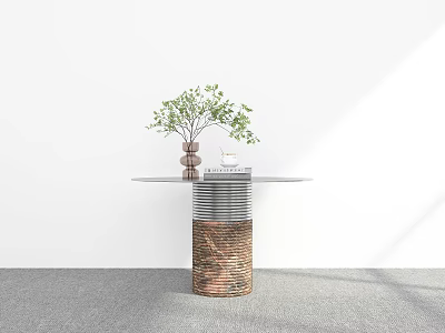Modern Round Dining Table With Striped Base Vase Green Plants And Book In Bright Interior 3d model