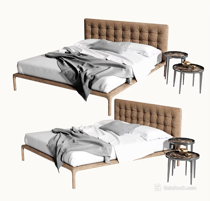 Modern Double Bed With Tufted Headboard Wooden Frame White Sheets And Side Tables 3d model 