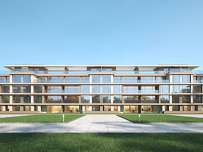 Modern Multi Story Building Exterior Design With Large Glass Windows And Green Lawn 3d model