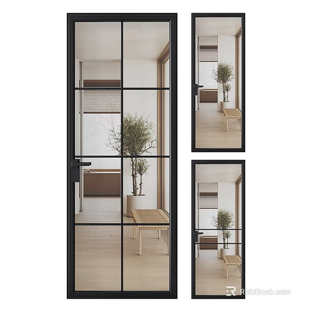 Minimalist Black Framed Glass Hinged Door In Modern Interior With Wooden Floor And Plant 3d model 