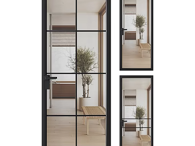 Minimalist Black Framed Glass Hinged Door In Modern Interior With Wooden Floor And Plant 3d model