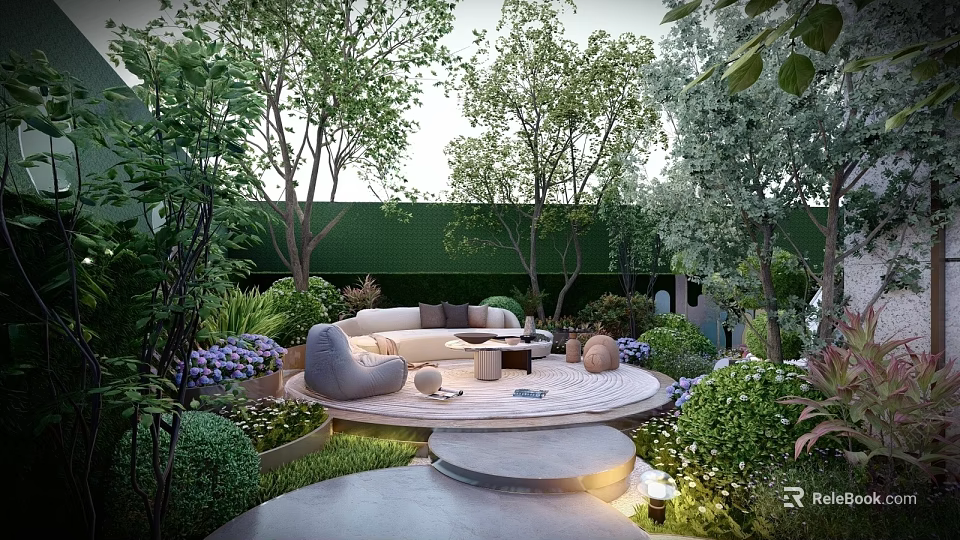 Tranquil Garden Landscape With Circular Seating Sofa Lush Trees Flower Beds And Soft Lighting 3d model 
