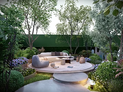 Tranquil Garden Landscape With Circular Seating Sofa Lush Trees Flower Beds And Soft Lighting 3d model