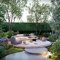Tranquil Garden Landscape With Circular Seating Sofa Lush Trees Flower Beds And Soft Lighting