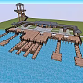 Scenic Waterfront Area With Wooden Pier Observation Tower Pavilions And Clear Blue Sky
