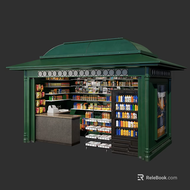 Green Commercial Retail Kiosk With Multiple Shelves Counter And Product 3d model 