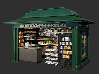 Green Commercial Retail Kiosk With Multiple Shelves Counter And Product 3d model