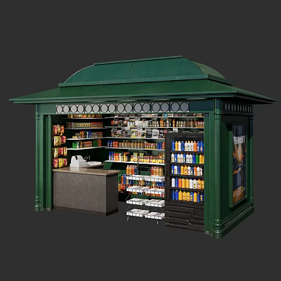 Green Commercial Retail Kiosk With Multiple Shelves Counter And Product 3d model