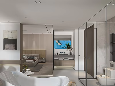 Modern Bathroom Interior With Freestanding Bathtub Glass Partition And Natural Light 3d model