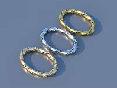 Gold And Silver Twisted Design Rings With Textured Surface And Shiny Finish 3d model