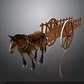 Horse Drawn Wooden Cart With Large Wheels And Brown Horse