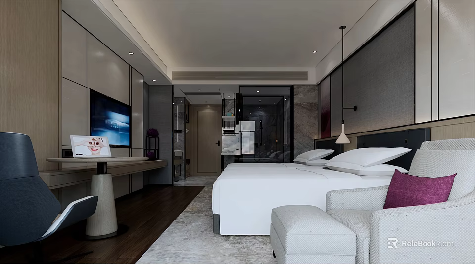 Hotel Room Interior Design With Modern TV Bed Sofa Desk And Marble Decor 3d model 