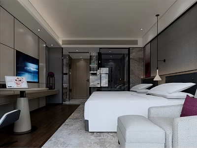 Hotel Room Interior Design With Modern TV Bed Sofa Desk And Marble Decor 3d model