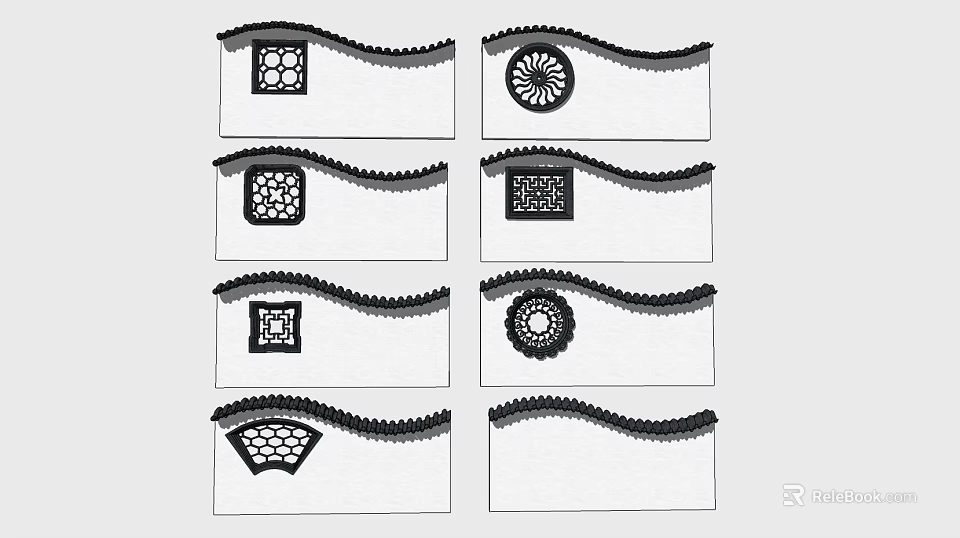 Traditional Chinese Garden Wall with Intricate Lattice Designs and Wavy Top Edges Various Decorative Patterns 3d model 