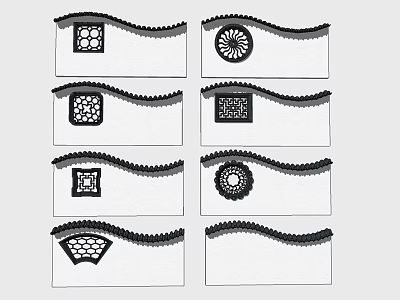 Traditional Chinese Garden Wall with Intricate Lattice Designs and Wavy Top Edges Various Decorative Patterns 3d model