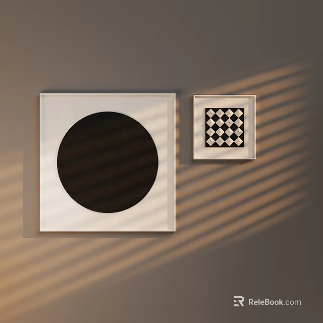Abstract Paintings With Black Circle And Checkerboard Frames On Gray Wall With Light Shadows 3d model 