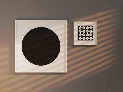 Abstract Paintings With Black Circle And Checkerboard Frames On Gray Wall With Light Shadows 3d model