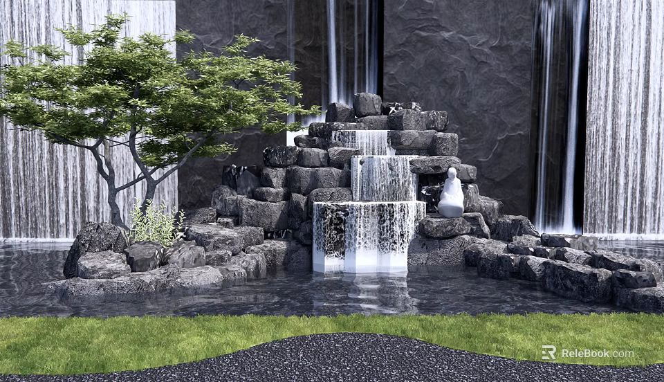 Natural Stone Waterfall Feature Wall With Flowing Water Green Tree And Lush Grass 3d model 