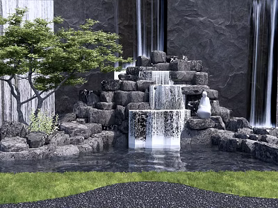 Natural Stone Waterfall Feature Wall With Flowing Water Green Tree And Lush Grass 3d model