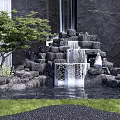 Natural Stone Waterfall Feature Wall With Flowing Water Green Tree And Lush Grass