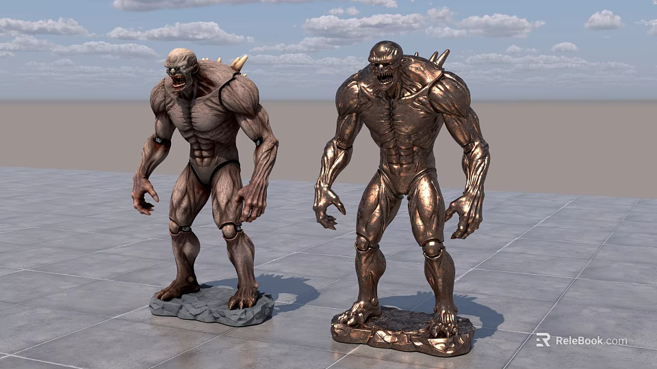 Intricate Muscular Humanoid Sculpture Carvings With Bronze Finish On Stone Pedestals Cloudy Sky 3d model 