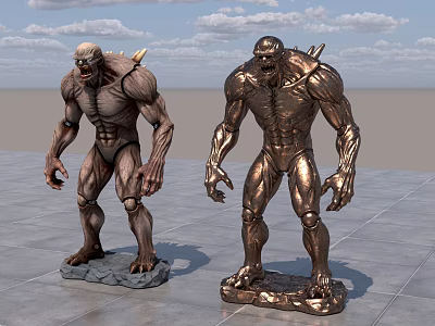 Intricate Muscular Humanoid Sculpture Carvings With Bronze Finish On Stone Pedestals Cloudy Sky 3d model